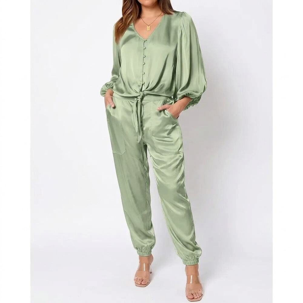 Womens Luxe Green Satin V-Neck Top & Jogger 2 Pc Set XXL High Fashion Streetwear
